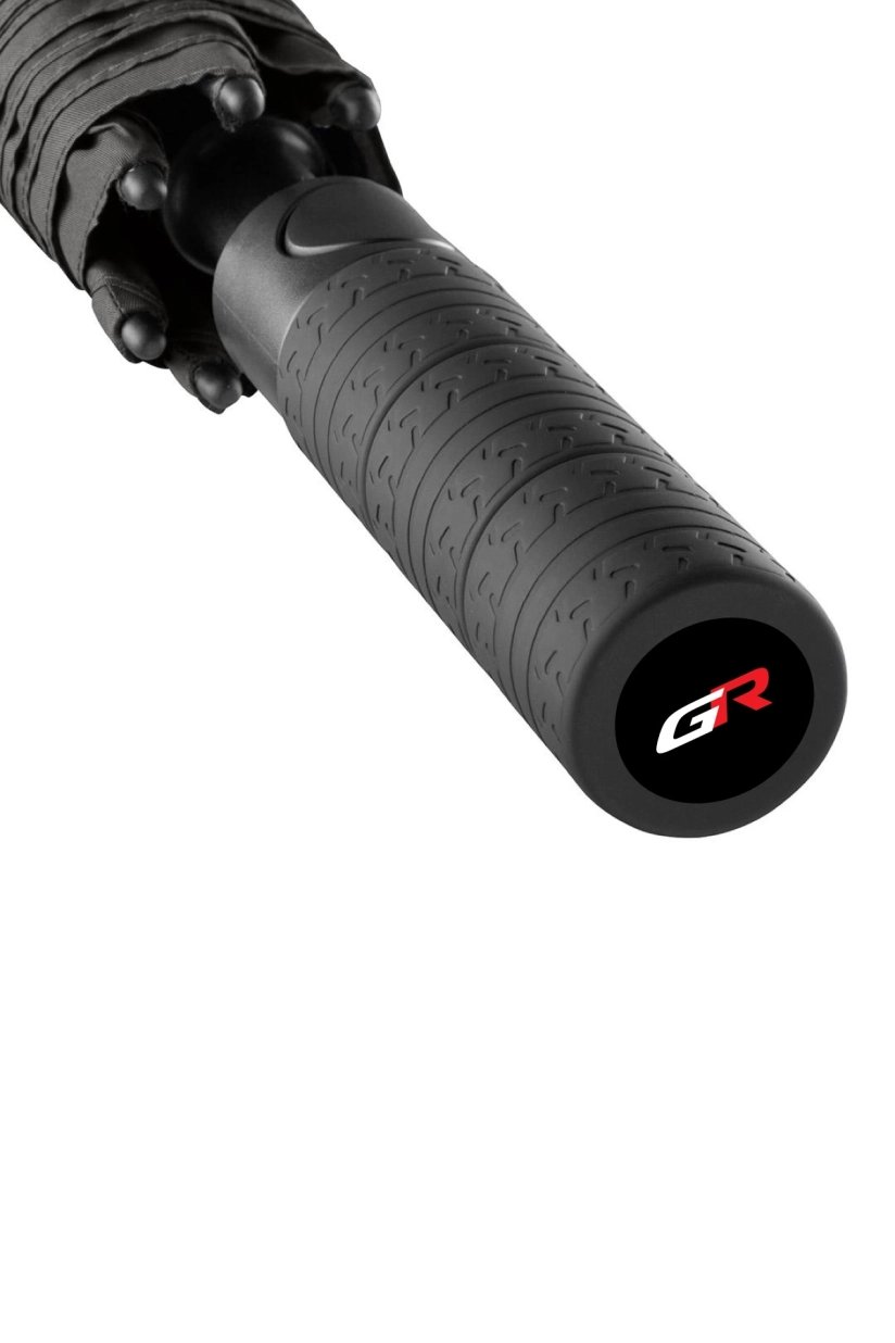 Black GR golf umbrella with tyre handle details