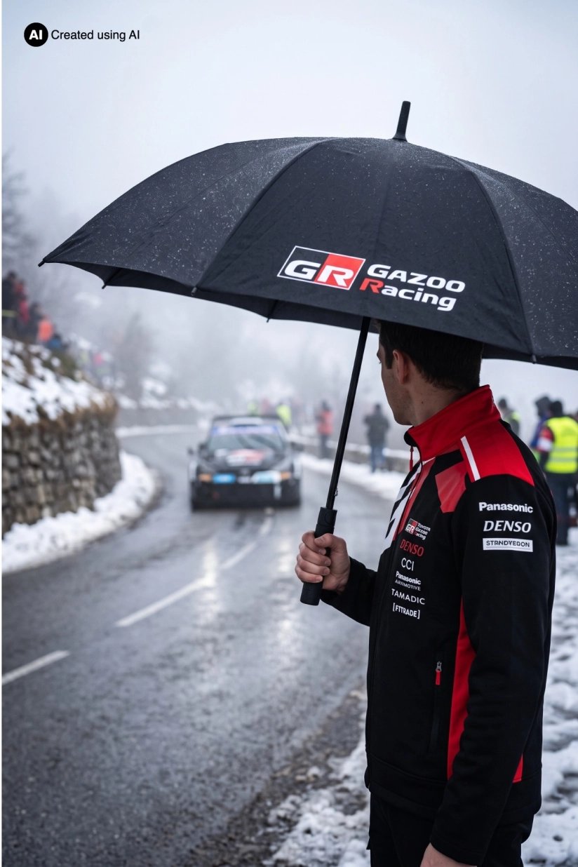 GR Golf Tyre Umbrella by FARE used in a rally-inspired rainy environment