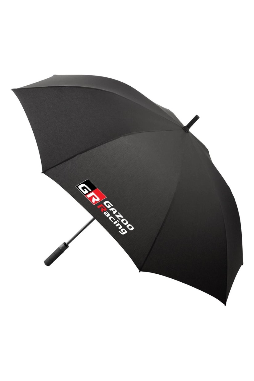 Black GR golf umbrella with logos printed on two opposite panels