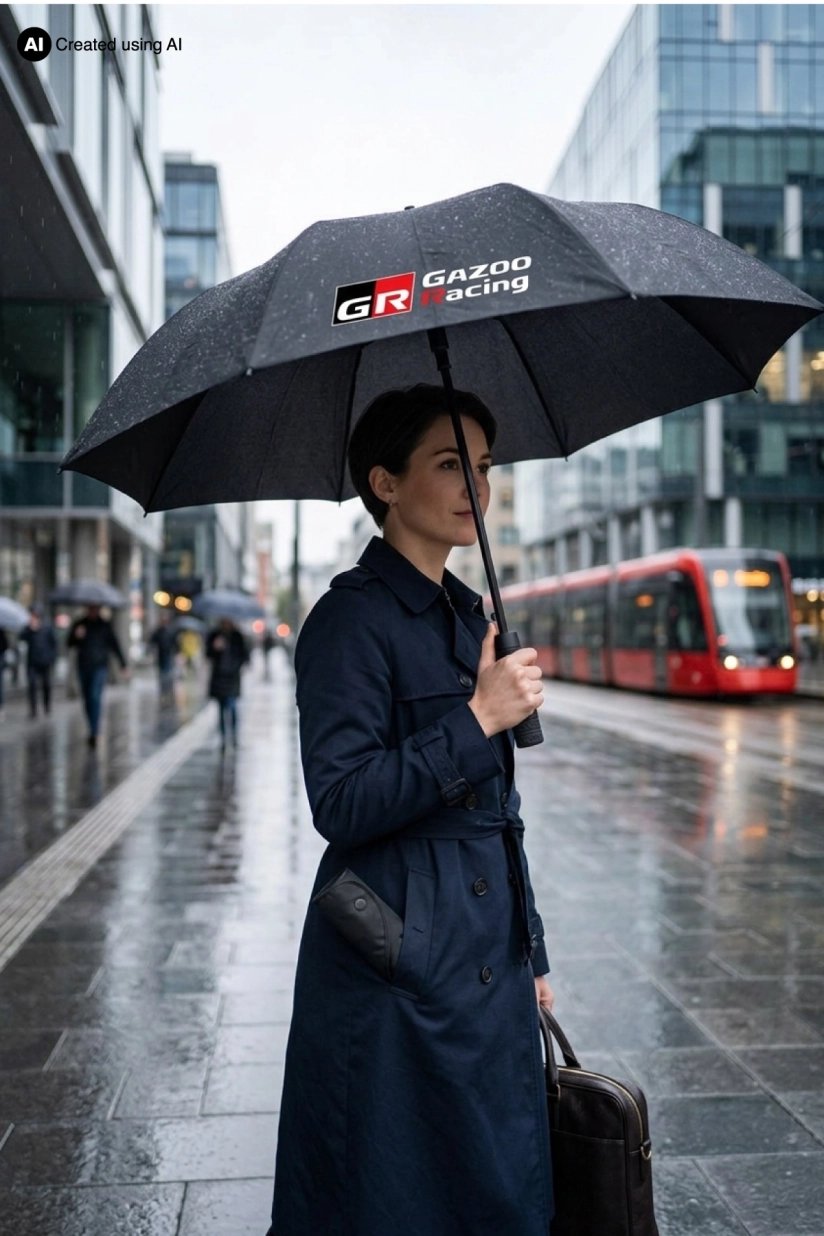 GR Pocket Tyre Umbrella – lifestyle image in rainy conditions